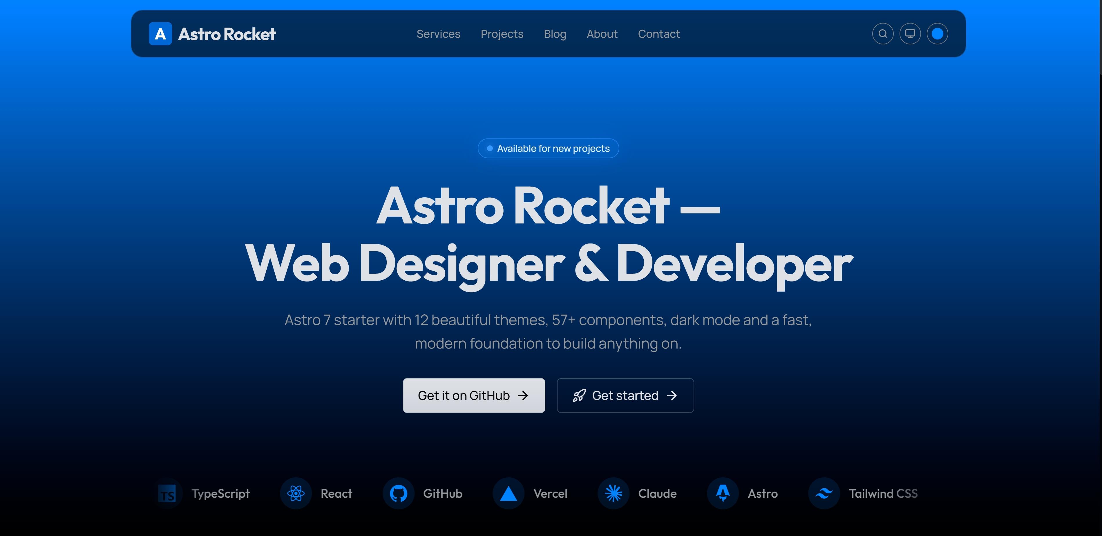 Astro Rocket — my open-source Astro 7 theme, shown on its astrorocket.dev demo.